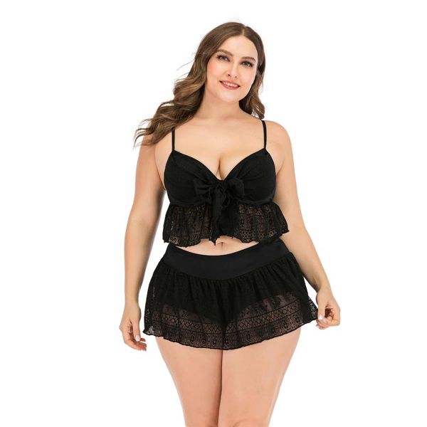 

one-piece suits women's plus size bow lace bralettes skirt 2pcs bikini swimsuit