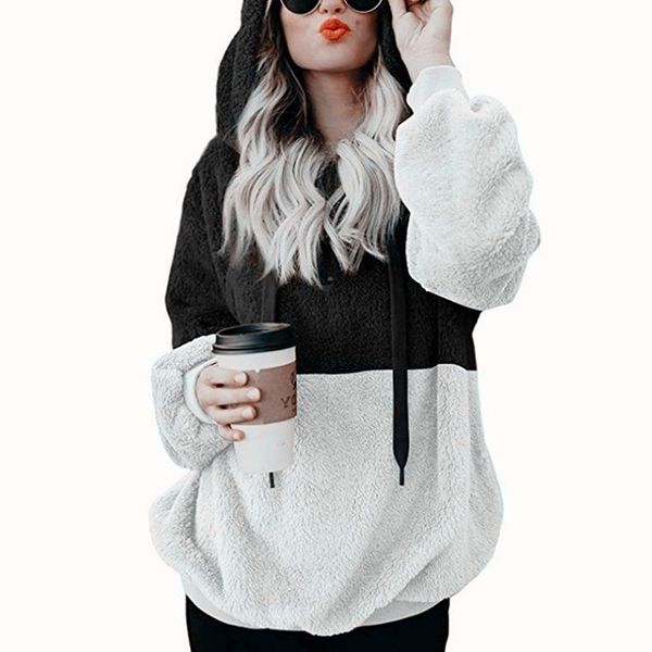 

women casual plush hoodies zipper patchwork hooded drawstring sweatshirt autumn winter lady hooded warm loose plus size 5xl 210507, Black