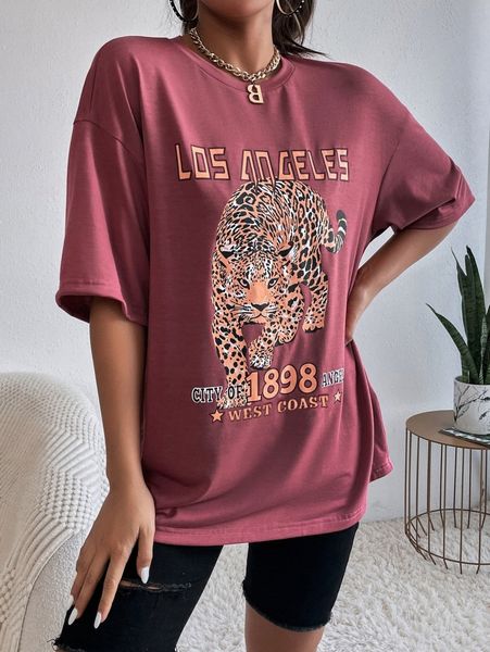 

leopard & letter graphic drop shoulder tee b3jj#, White