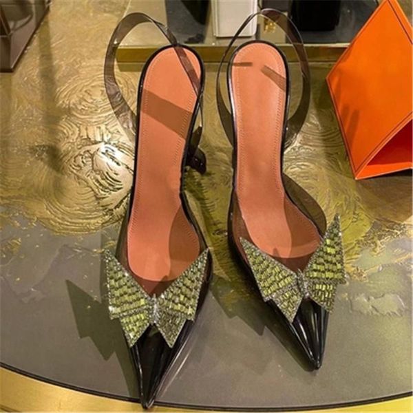 

dress shoes bow rhinestone transparent plastic female high-heeled sandal lady pointed crystal women sandals 2021 summer, Black
