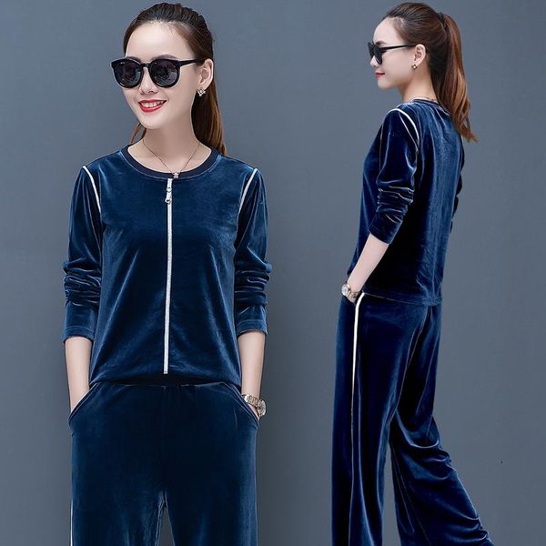 

tracksuit women set 2021 gold velvet sportswear 2-piece suit big size casual +long pants sporting female clothes women's two piece, White