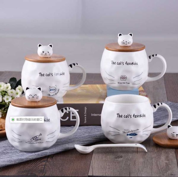 

mugs nordic cartoon cat wooden lid ceramic cup creative water customization