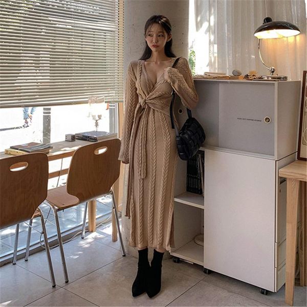

casual dresses 2021 korean style autumn winter fashion sweater v-neck twist dress women solid color slim long sleeve, Black;gray