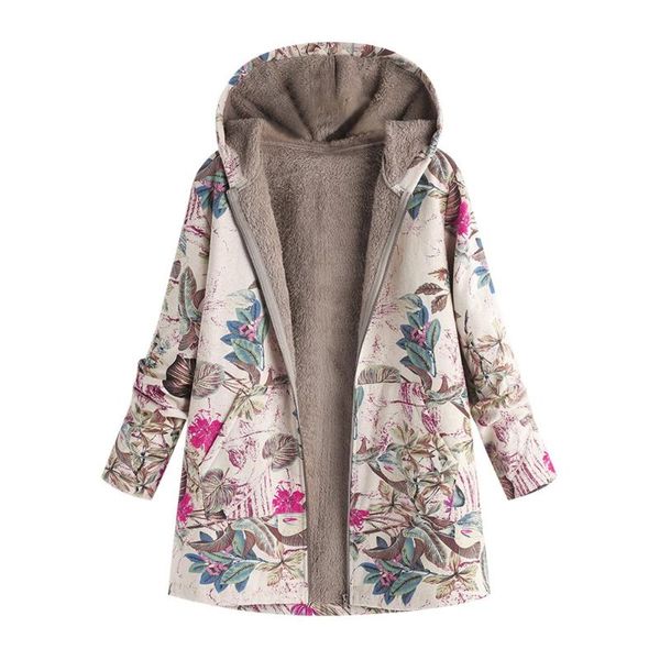 

women's jackets 2021 autumn womens winter warm outwear floral print hooded pockets vintage oversize coats ol style loose fashion workwe, Black;brown