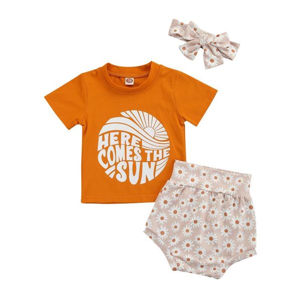 

clothing sets 3pcs toddlers summer outfit, letters print short sleeves t-shirt + daisy pantie hairband for baby girls, 0-24 months, White