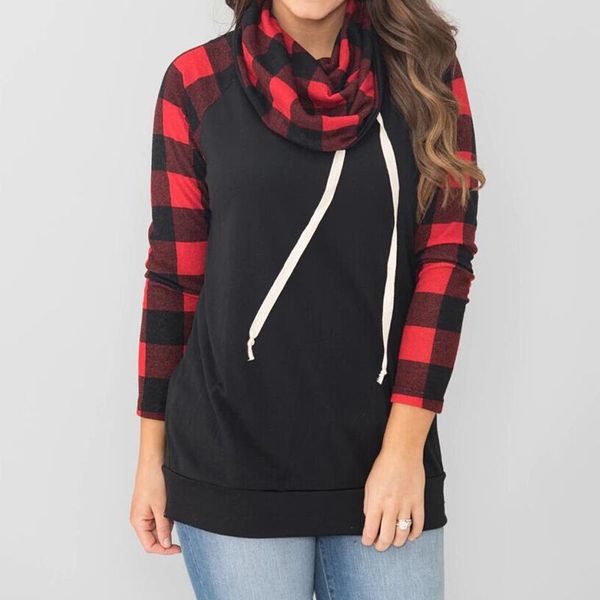 

lose weight women casual plaid christmas print patchwork long sleeve tunic blouse sweatshirt autumn and winter harajuku women's hoodie, Black