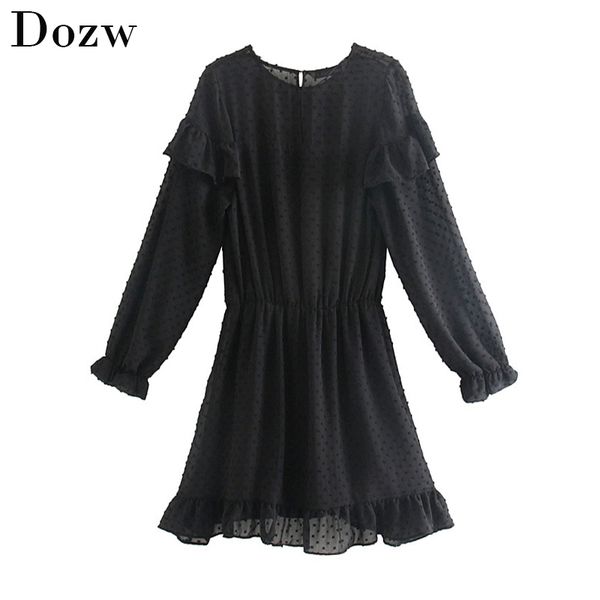 

hollow out mini embroidery dresses two piece set solid long sleeve elastic waist pleated dress party female ruffles vestido 210414, Black;gray