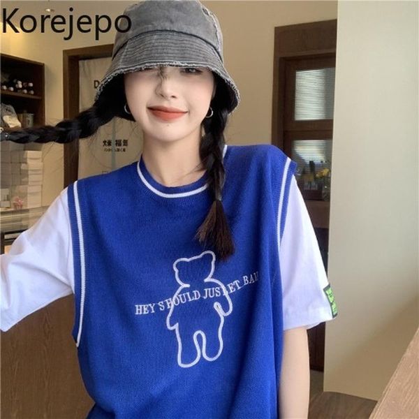

women's vests korejepo women sweater 2021 spring autumn japanese sweet temperament college style ins bear embroidered sleeveless knitte, Black;white