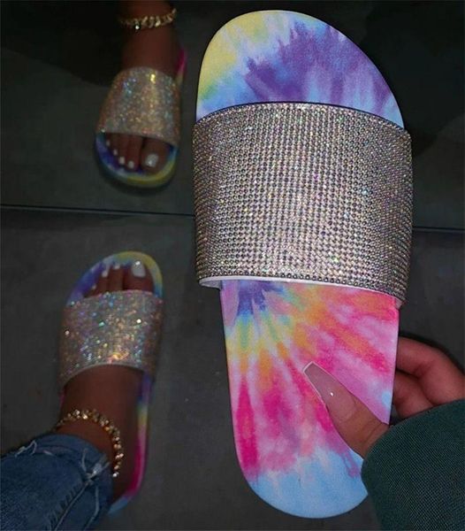 

ins european and american internet celebrity models transfer pad dyed rhinestone flat slippers female outer wear fashion san, Black