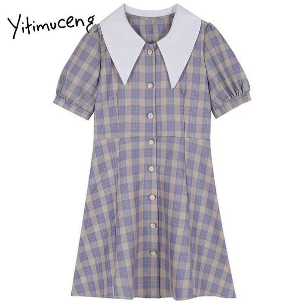 

yitimuceng plaid button dresses women a-line mini summer puff sleeve notched short sleeve double breasted office lady 210601, Black;gray