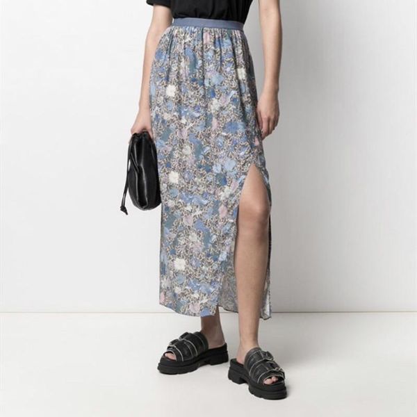 

skirts side slit midi skirt women's elastic waist exquisite floral print spring summer 2021 ladies jupe, Black