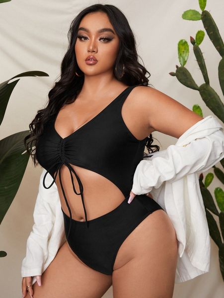 

plus cut-out tie front one piece swimsuit u10c#, Black