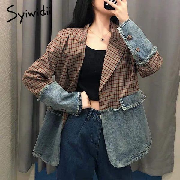 

women's suits & blazers yitimoky patchwork plaid blazer women jacket denim winter clothes fall 2021 suit coat single button tassel notc, White;black
