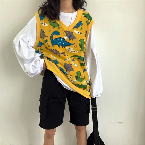 

women's t-shirt oversized womens vest preppy style cartoon print v-neck sleeveless spring and autumn korean female cc395, White
