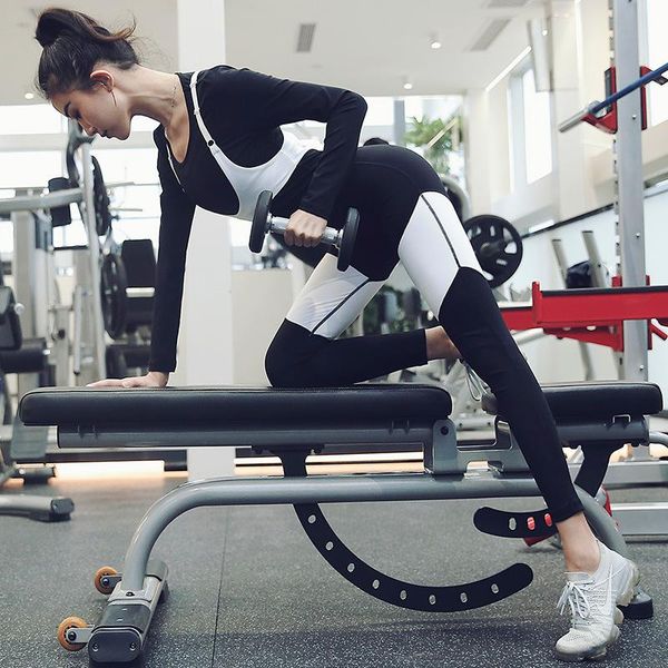 

women's patchwork suit set (t-shirt + legging ) lady sports fitness tight tees pants gym female tracksuit 2 pcs two piece, White