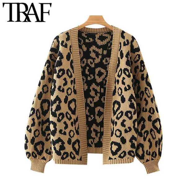 Mulheres moda leopardo padrão solto de malha cardigan suéter vintage lanterna manga feminina outerwear chique tops 210507