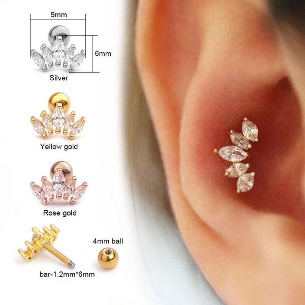 

other 1pc stainless steel and cz ear cartilage piercing helix jewelry tragus earring rook conch lobe screw back stud, Slivery;golden