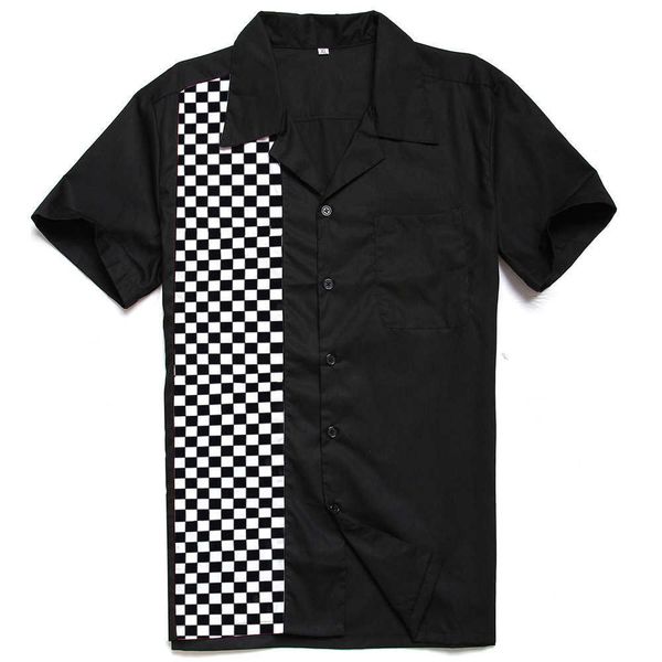 

fashion shirt mosaic pattern color contrast splicing rock punk casual men's design, White;black