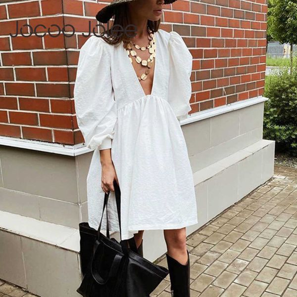 

jocoo jolee elegant deep v neck puff sleeve loose dress casual long sleeve white black minimalism a line dress spring mini dress 210619, Black;gray