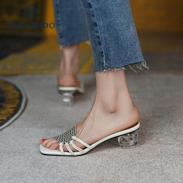 

slippers vair mudo summer women slides genuine leather sweet strange style outside sewing high heels elegant shoes footwear lt41l, Black
