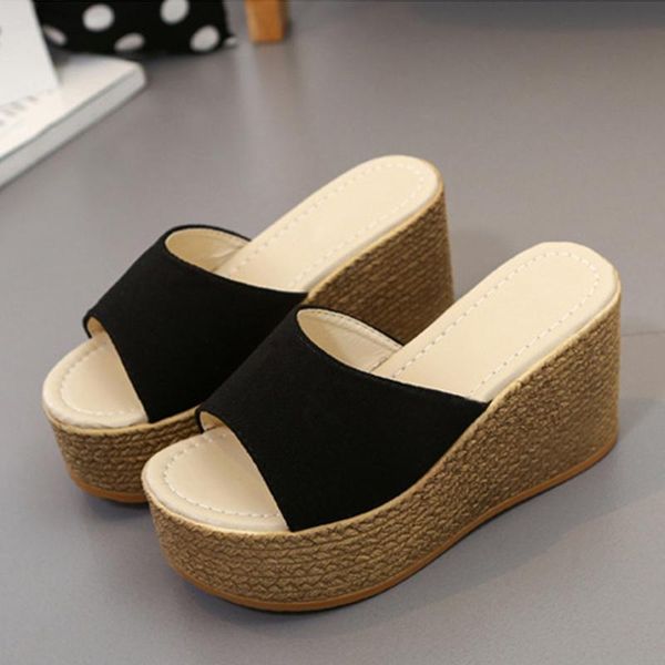 

slippers woman platform open toe ladies high heels slides female solid wedges women outdoor shoes women's sandals, Black