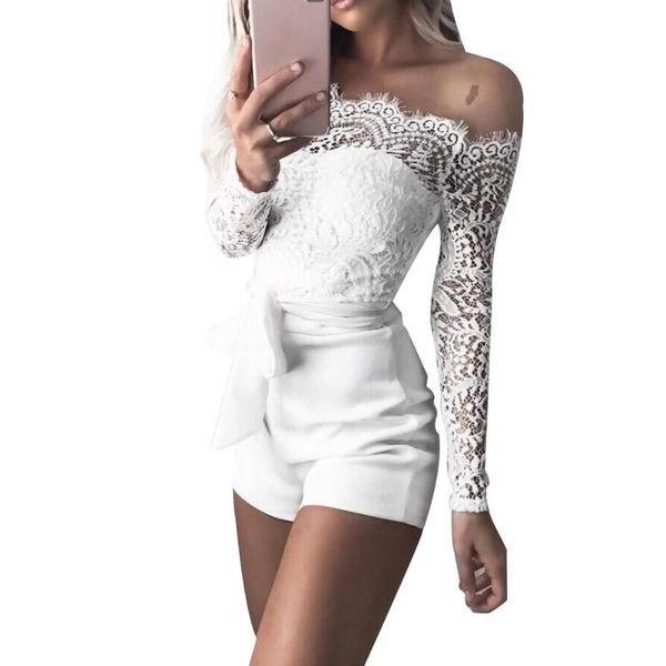 

women's jumpsuits & rompers party women solid color off shoulder long sleeve bandage lace jumpsuit, Black;white