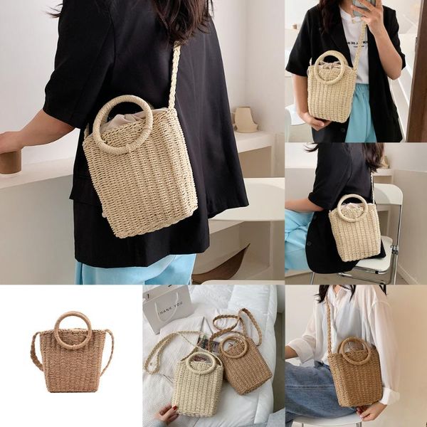 

round handle design straw crossbody bag for women 2021 simple trendy luxury summer solid color handbags female travel shoulder bags