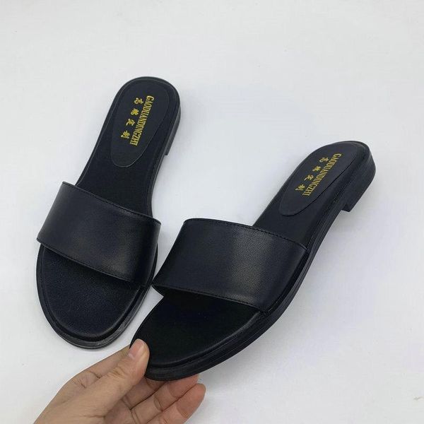 

slippers brand genuine leather women sandal open toe flat casual slides summer outdoor beach female flip flops big size, Black