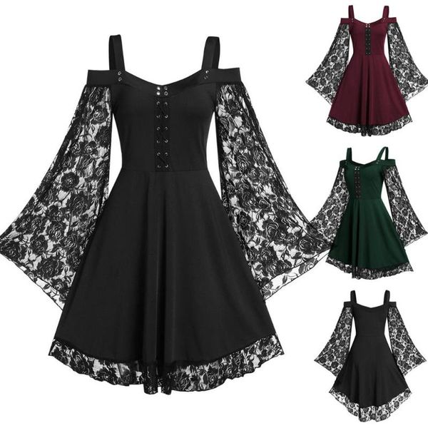 

fashion women gothic cold shoulder long flared sleeve waist tight bandage party dress casual dresses, Black;gray