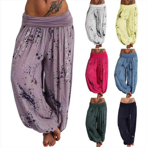 

bohemian printed band width women capris loose leg casual full length vintage harem, Black;white