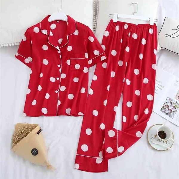 

july's song polka dot women's pajamas set lapel collar casual short sleeve long pants homewear summer faux silk soft sleepwear 210, Black;red