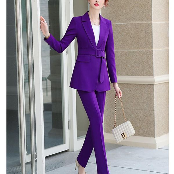 

women's two piece pants vintage spring autumn women pant suit black purple notched blazer jacket & 2021 office work wear suits female s, White