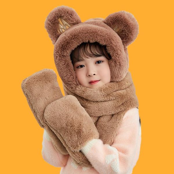 

berets 3-12 years old boys girls winter child novelty caps warm cute bear ear hat casual plush scarf gloves set kids, Blue;gray