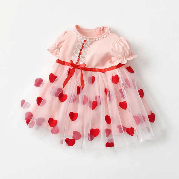 Süßes Kleinkind Mädchen Herz Rosa Kleines Sommerkleid mit Schleifen Kinder Spitzenstickerei Tutu für Kinder 210529