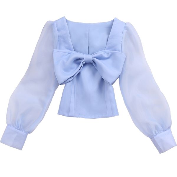 Outono Mulheres Blusa Doce Bow Slim Chiffon Camisas Senhoras Japão Estilo Organza Curto Tops Feminino Blusa LL1009 210507