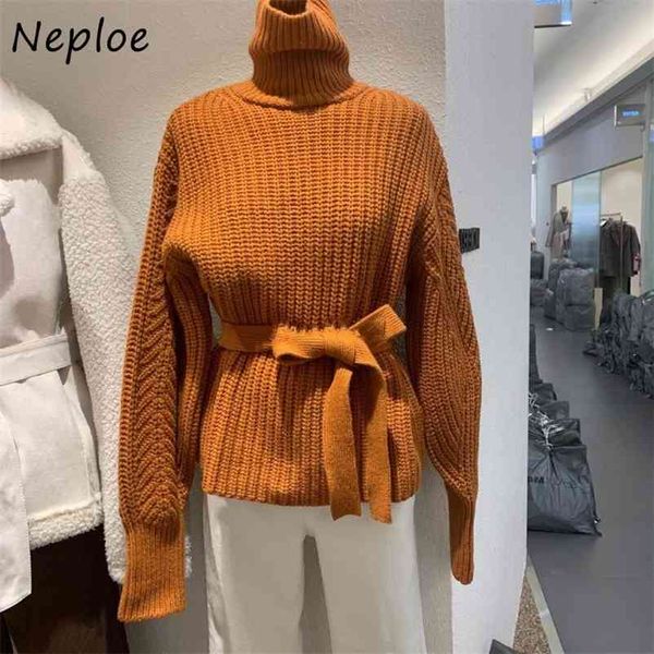 

turtleneck twist patchwork drawstring knitted pullovers autumn winter solid color sweaters women warm femme 210422, White;black