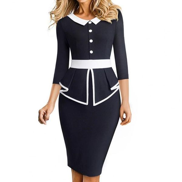 

casual dresses 3/4 sleeve ruffles patchwork formal dress buttons decor o-neck knee-length women bodycon workwear, Black;gray