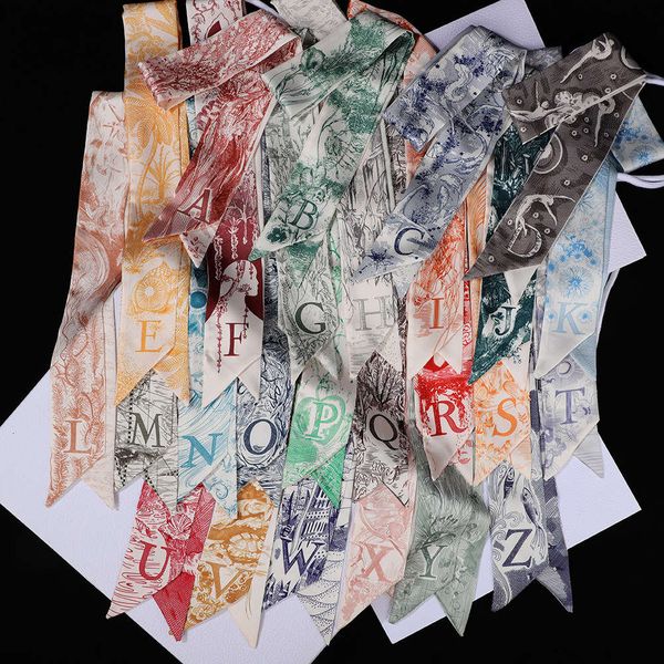 

scarf spring and autumn ribbon women's version versatile long letter silk french hair belt simulation, Blue;gray