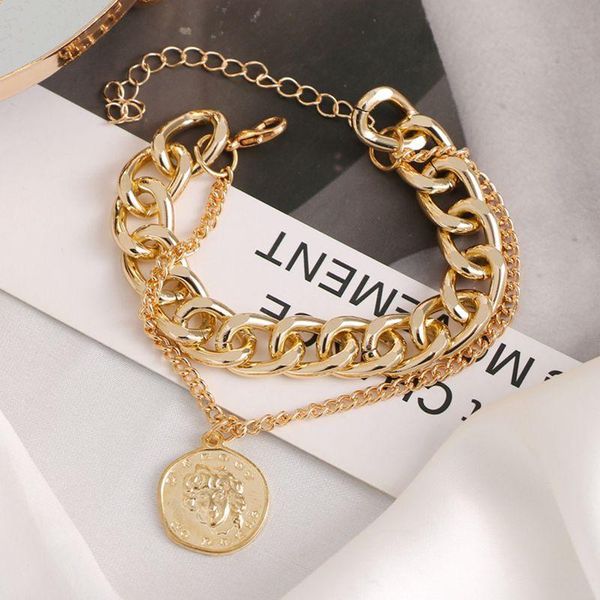 

link, chain en vintage multi-layer coin bracelet for women gold silver color fashion portrait chunky bracelets jewelry gift, Black