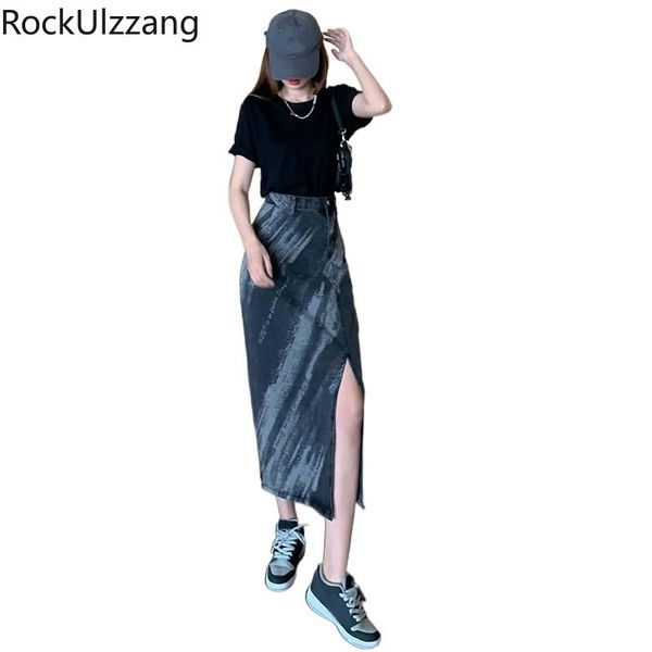 

skirts summer high waist midi long tie dye graffiti bandage split denim skirt fashion jean clothing women elegant casual, Black