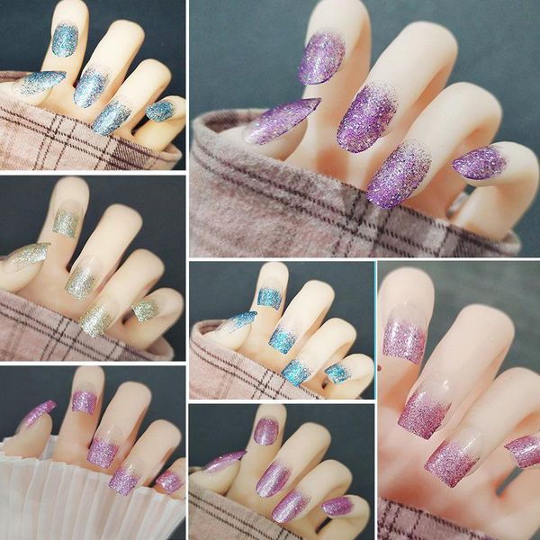 

false nails glitter women wearable fake nail transparent gradient press on with glue short square full cover artificial, Red;gold