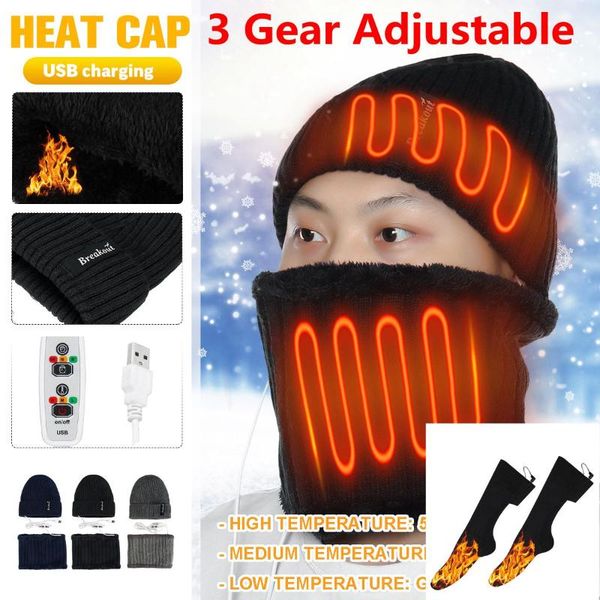 

electric heating hats scoks for camping hts scarf set ski warm knitted hat neck warmer usb adjustable thicken outdoor, Black;white
