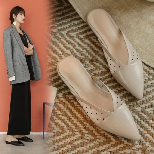 

mesh sandals women wear half baotou joker flat pointed slippers women's shoes fashion online celebrity ins tide, Black