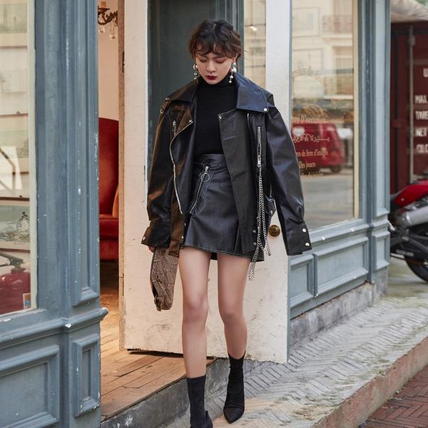 

women's leather & faux womens pu loose short jacket lapel motorcycle coats moto biker style outwear chains black apricot y835