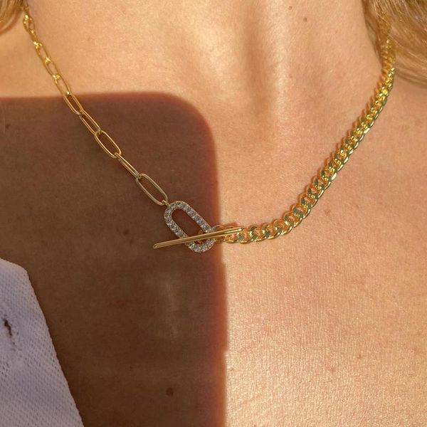 

chains arrived european fashion clear cz paper clip charm half open link chain cuban simple choker necklace jewelry for women, Silver