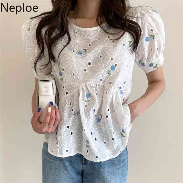 

korean shirts embroidery hollow out blouses women puff sleeve blouse sweet loose blusas mujer de moda verano 210519, White