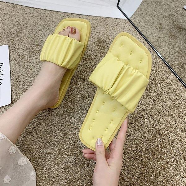 

slippers summer 2021 women sandals pleated flip flop casual beach square open toe shoes outdoor female soft slides, Black