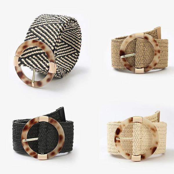 

leopard round plastic buckle wide solid color belt harajuku fake straw boho braided waist women pp weave belts, Black;brown