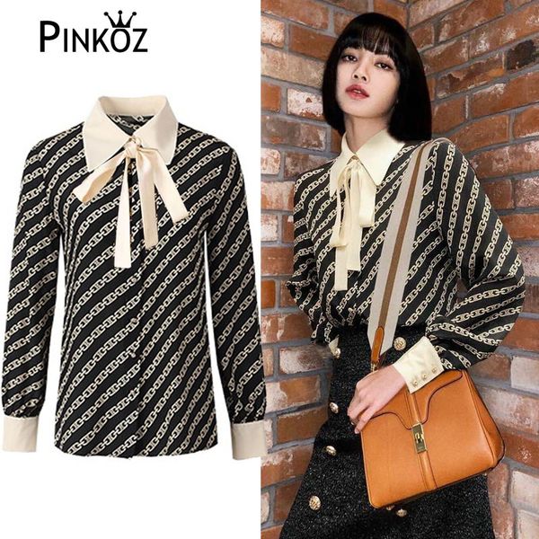 

lisa celebrity style chain printed bow tie office lady blouse shirt women female black turn down collar fashion chic 210421, White