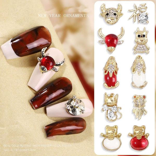 

nail art decorations 1pc year of the ox jewelry 3d charm alloy rhinestones zircon pearl metal manicure diy 2021 nails decor, Silver;gold